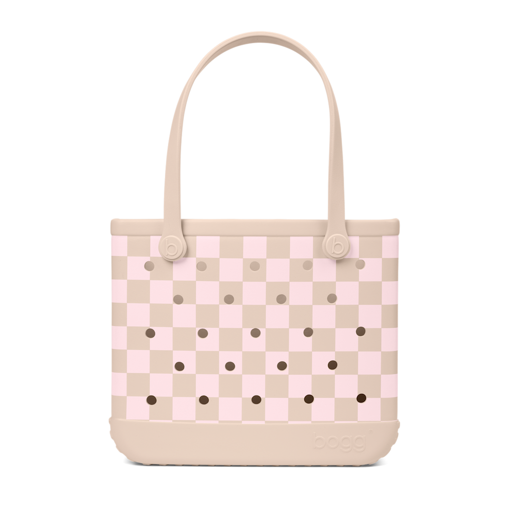 Medium Washable Tote Bag Checkered Linen/ Pink Marshmallow for Travel and Errands