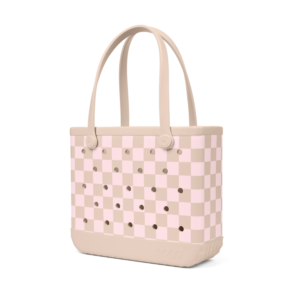 Medium Washable Tote Bag Checkered Linen/ Pink Marshmallow for Travel and Errands