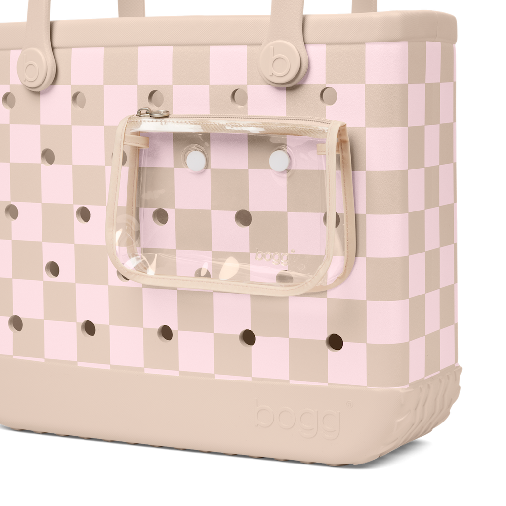 Medium Washable Tote Bag Checkered Linen/ Pink Marshmallow for Travel and Errands